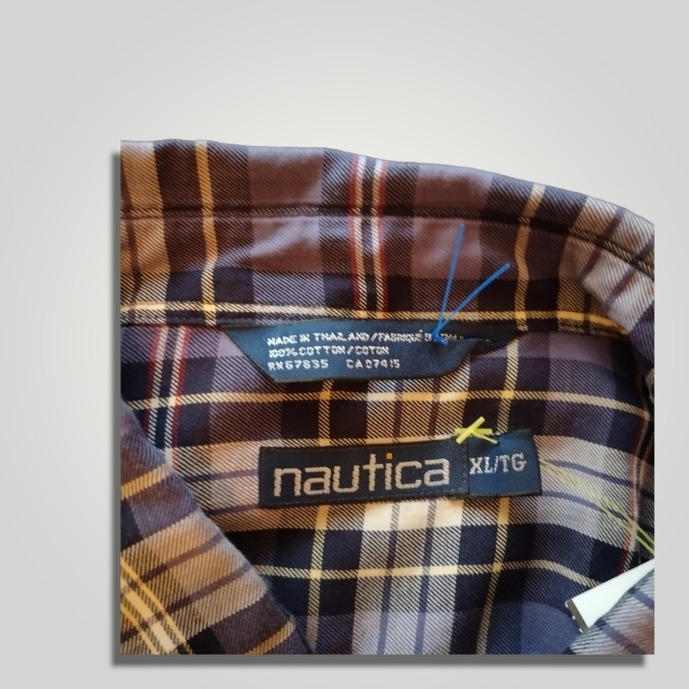 Nautica Mens Dress Shirt sz XL Tan Plaid Button Up Lightweight 100% Cotton